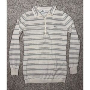 Lacoste Sweater Striped 40 Medium White Gray Polo Long Sleeve Lightweight